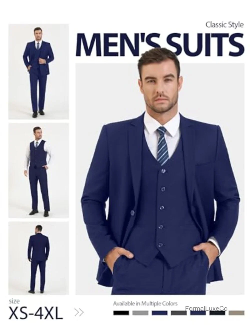 Men's Slim Fit 3 Piece Suit Set with Tie - Polyester Rayon Blend